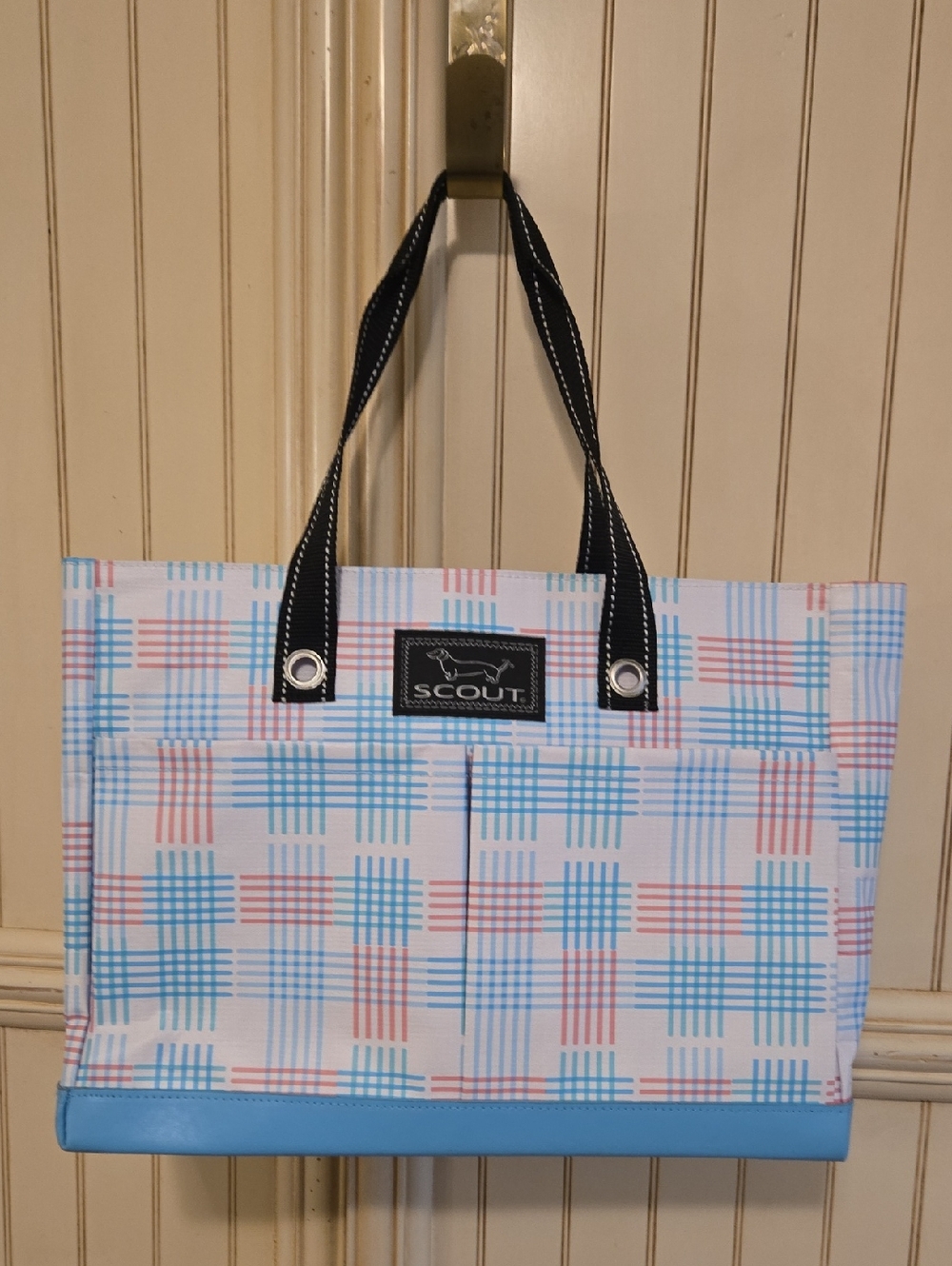Scout Pink and Light Blue  Bj Bag Plaid Tote with Black Handles